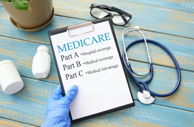 Clipboard showing Medicare Part A hospital, Part B medical, and Part C Medicare Advantage coverage